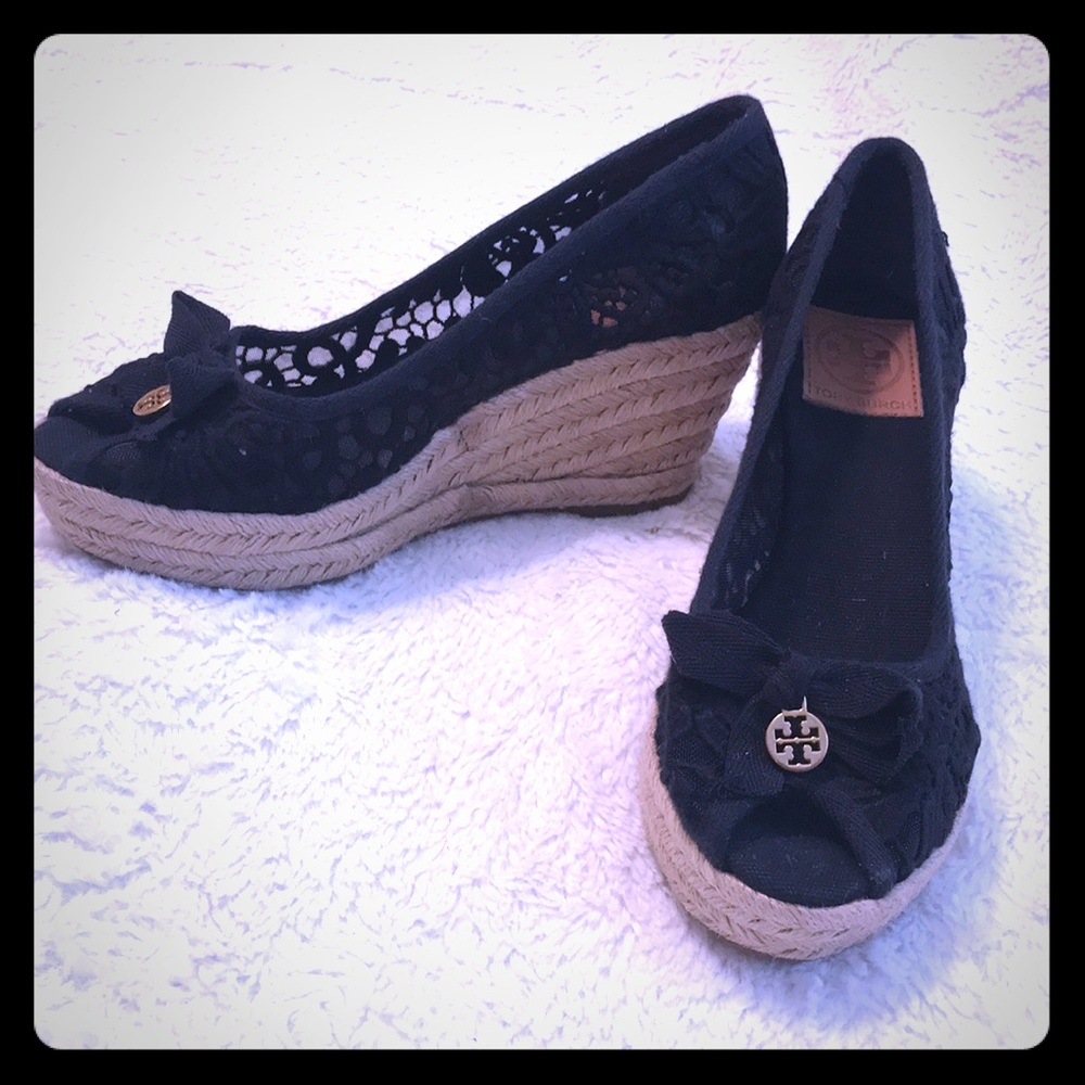 Tory Burch black lace espadrille wedges